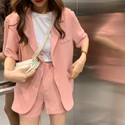 2023夏季超薄中袖垂感雪纺外套小个子薄款网红粉色西装套装女