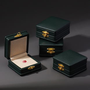 真皮裸石盒高档牛皮首饰盒，欧式复古宝石，盒墨绿色钻石翡翠盒子