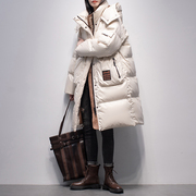米白色连帽羽绒服女中长款2023年冬季白鸭绒宽松显瘦加厚外套