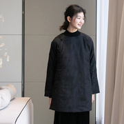 新中式黑色棉服女中长款天丝亚麻提花中式斜襟保暖棉衣棉袄a1108