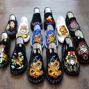 老北京布鞋男士脸谱刺绣，中国风夏季手工，一脚蹬男防臭绣花工作豆豆