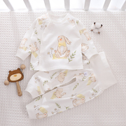 婴儿衣服a类纯棉0-3-6个月宝宝分体套装薄款婴儿，高腰护肚裤套装秋