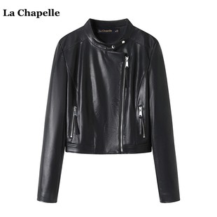 拉夏贝尔/La Chapelle春季黑色复古机车皮衣女立领皮夹克外套
