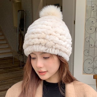 韩国真獭兔毛皮草帽子狐狸毛球护耳帽，加厚保暖防寒包头帽(包头帽)显脸小女
