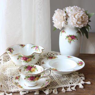金边玫瑰骨瓷咖啡杯英式下午茶茶具，咖啡具西餐餐具，盘子碗意面盘