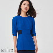 ateliermisslu上海设计师品牌，女装宝蓝色收腰连衣裙，法式复古