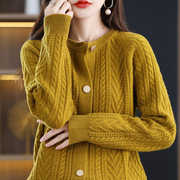 秋冬100%羊绒开衫女士圆领，宽松纯色扭花针织毛衣羊毛插肩外套