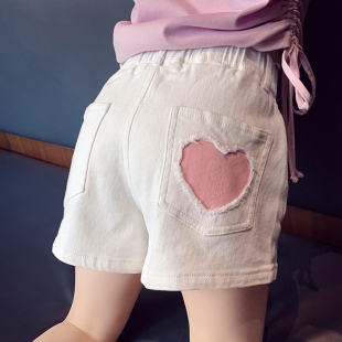 女童短裤夏装2024洋气儿童，韩版外穿爱心牛仔短裤女孩时髦热裤