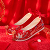 婚鞋女中式秀禾鞋内增高汉服鞋子，古装红色新娘，布鞋结婚古风绣花鞋