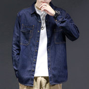 深蓝色长袖牛仔衬衫男春季韩版简约中长款衬衣，宽松青少年春秋外套