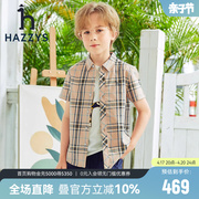 hazzys哈吉斯童装男童短袖2023夏季中大童棉质休闲格子衬衫