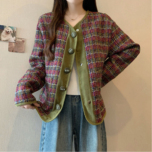 实拍秋冬装新款大码女装格子编织粗花呢拼接外套M-4XL200斤