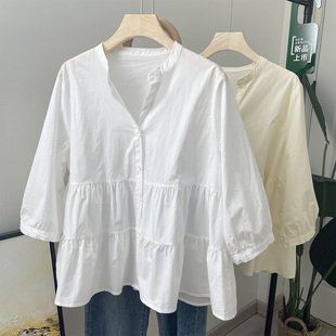 夏季法式v领纯色纯棉，轻薄七分袖三层荷叶，边裙摆蓬蓬灯笼袖半袖衫