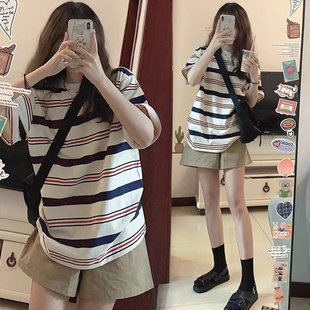 大码孕妇短袖套装夏季韩版宽松上衣显瘦减龄条纹，t恤棉麻短裤200斤