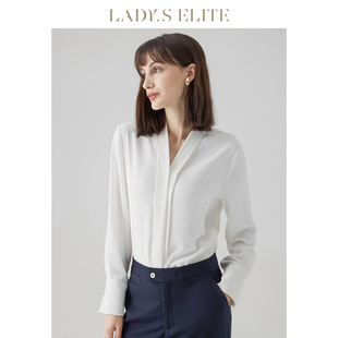 ladyselite2023秋冬女士白色衬衫长袖，v领小众，设计感百搭上衣