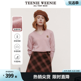 teenieweenie小熊春装打底衫，绵羊毛v领毛衣，毛针织衫女士上衣