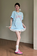 KAKAMEE夏季甜美减龄蝴蝶喷画蕾丝拼接短袖T恤裙子