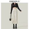 Forever 21黑色卷边哈伦牛仔裤女白色显瘦高腰薄绒九分小个子裤子