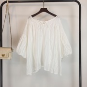 韩国chic春夏复古宫廷风衬衫，设计感灯笼，袖中长款宽松五分袖衬衣女