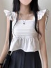 韩国chic夏季甜美小飞袖衬衫，女褶皱宽松百搭显瘦荷叶边短款雪纺衫