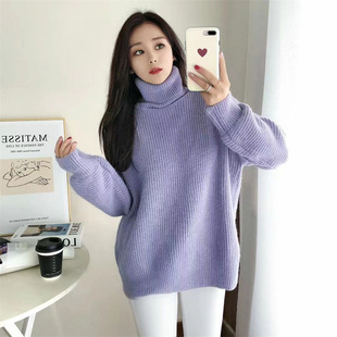 毛衣女2021年秋冬季高领保暖韩版针织甜美浅紫色套头宽松长袖