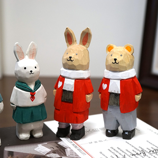 手工木雕兔子小熊人卡通木质治愈系桌面装饰品小摆件礼物送女孩