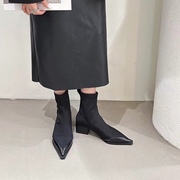 尖头短靴女2023靴子秋冬季女靴粗跟短筒马丁靴小众设计瘦瘦靴