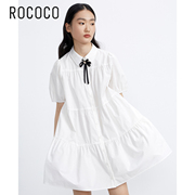ROCOCO夏季高腰大摆小白裙甜美气质蝴蝶结短款连衣裙女