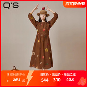 qs秸熙春秋复古通勤连衣裙油画感水果，印花显瘦a摆时尚长裙子