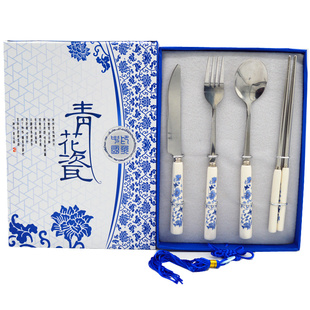 程老师(程老师)青花瓷餐具，中国风元素勺，筷子叉送老外特色四件套礼物