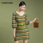 香莎CHANSARR 撞色设计气质五彩条纹连衣裙 别致灯笼袖高腰短裙
