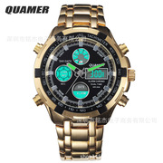 QUAMER165士手表士钢带LED双显多功能运动手表表防水男