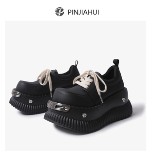 pinjiahui 原创黑色松糕鞋女真皮大圆头超轻厚底增高休闲单鞋