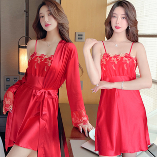 红色睡衣女2023年春秋短袖丝绸两件套吊带夏季性感睡裙家居服