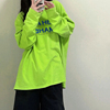 荧光绿正肩长袖T恤女秋季2023韩版宽松纯棉中长款打底衫上衣