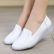 春秋季女鞋坡跟单鞋小白鞋白色护士鞋牛筋底中跟软底工作鞋真皮鞋
