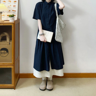 自制日系工装风藏青色，衬衫裙女夏小个子学生，短袖松弛感穿搭连衣裙