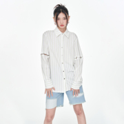 kocomo原创设计感夏季条纹，印花金属圆环，宽松女生长袖小众衬衫