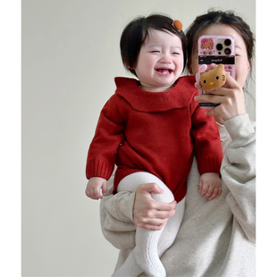 ins韩版婴儿春装针织荷叶领长袖，连体哈衣女(哈衣女，)宝宝红色喜庆包屁衣服