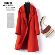羊毛呢外套女中长款西装，领红色修身气质妮子，高端双面羊绒大衣