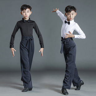 少儿拉丁舞演出服装男童标准考级白色上衣儿童练功服蓝色条纹裤子