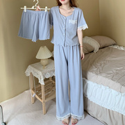 夏季睡衣女夏款纯棉短袖长裤2024年夏天性感灰蓝开衫三件套装