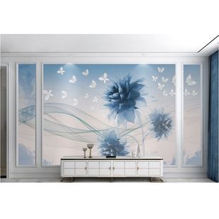 8d立体电视背景墙壁画蓝色花壁纸客厅卧室影视墙现代简约轻奢墙纸