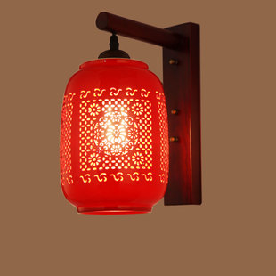 中式实木壁灯红色陶瓷客厅，卧室过道仿古壁灯，复古民宿茶楼装饰灯
