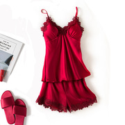 夏季女性感真丝睡衣两件套装吊带短裤花边韩版网红薄款家居服
