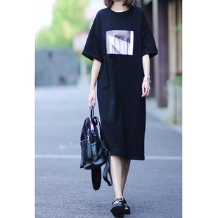 黑色T恤洋装短袖女夏季2023中长版休闲宽松气质长裙慵懒风