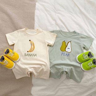 婴儿衣服夏季薄款香蕉雪梨印花哈衣短袖包屁衣宝宝开档连体衣爬服