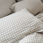 复古卡其格子水洗柔软色织100%亚麻床上四件套床单被套枕套床笠式