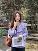 韩系温柔奶fufu紫色长袖，荷叶边针织衫女秋装，中长款慵懒毛衣小上衣