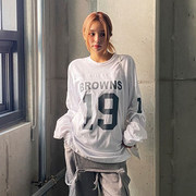 韩国女装LAG2023秋季时尚宽松字母印花圆领长袖百搭中长款T恤
